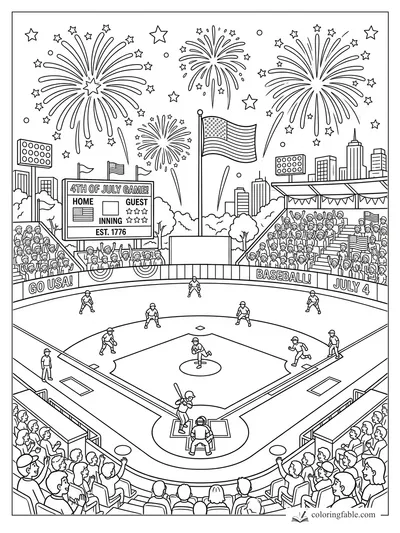 Cartoon July 4 baseball game with fireworks, U.S. flag, scoreboard, crowd, batter, pitcher, and fielders.