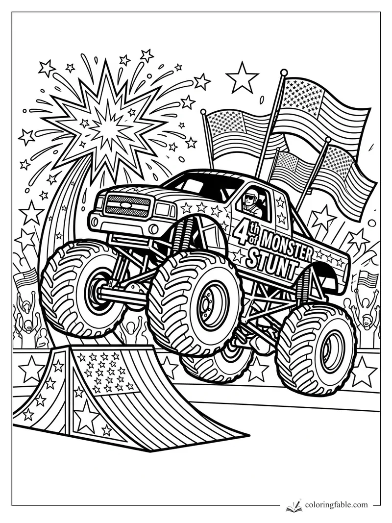 Monster truck jumping a star ramp with fireworks, American flags, cheering crowd, and driver in pop-art style.