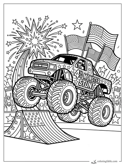 Monster truck jumping a star ramp with fireworks, American flags, cheering crowd, and driver in pop-art style.