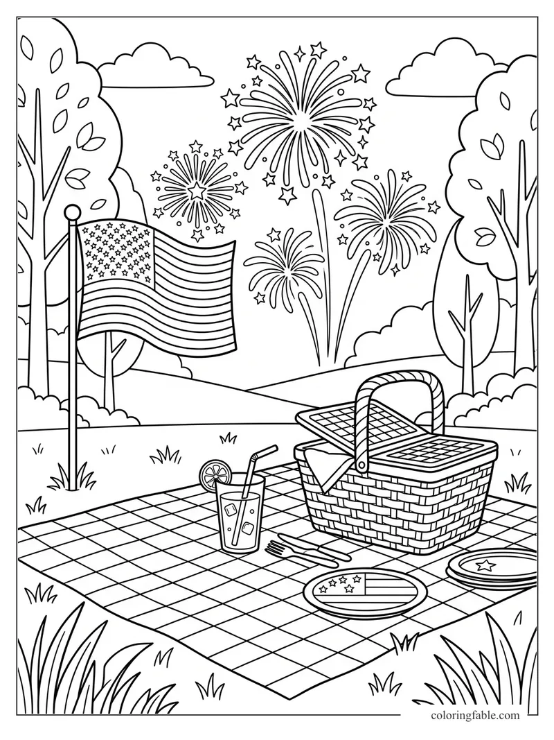 Fourth of July picnic coloring page with flag, fireworks, basket, drink, plates, and trees
