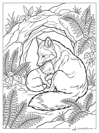 Realistic fox cuddling a kit under a twisted root arch with ferns and rocks