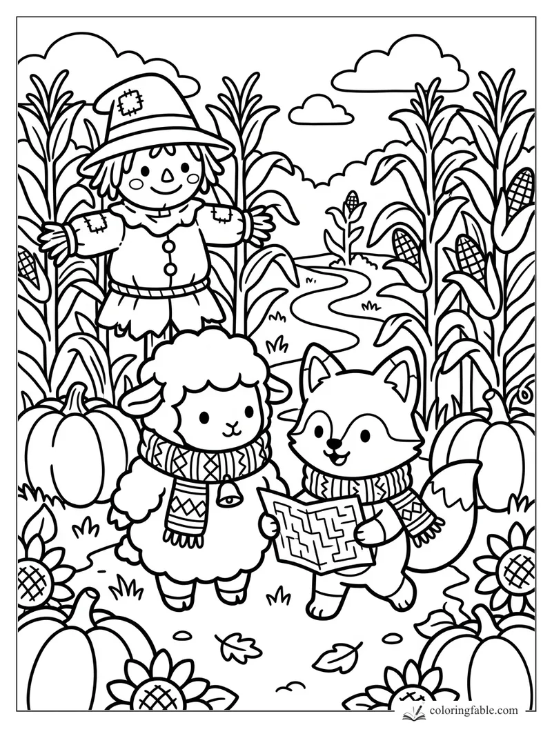 Fox with a maze map and scarfed lamb beside a scarecrow in a cornfield with pumpkins and sunflowers