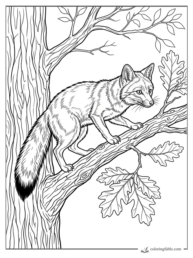Realistic fox crouching on a thick oak branch beside a textured tree trunk and lobed leaves