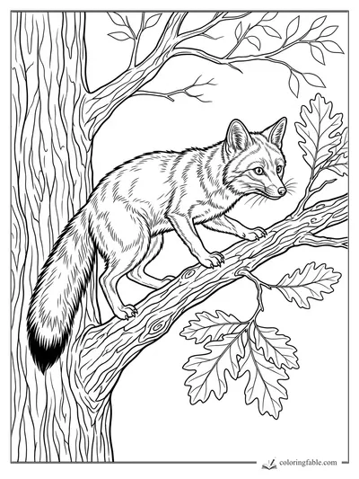 Realistic fox crouching on a thick oak branch beside a textured tree trunk and lobed leaves