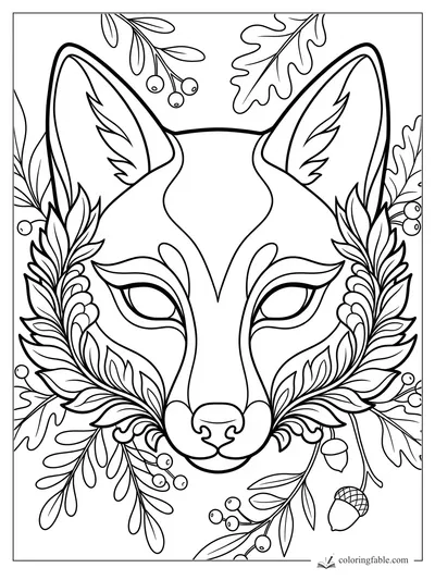 Fox face coloring page with large ears, leafy branches, berries, and acorns.
