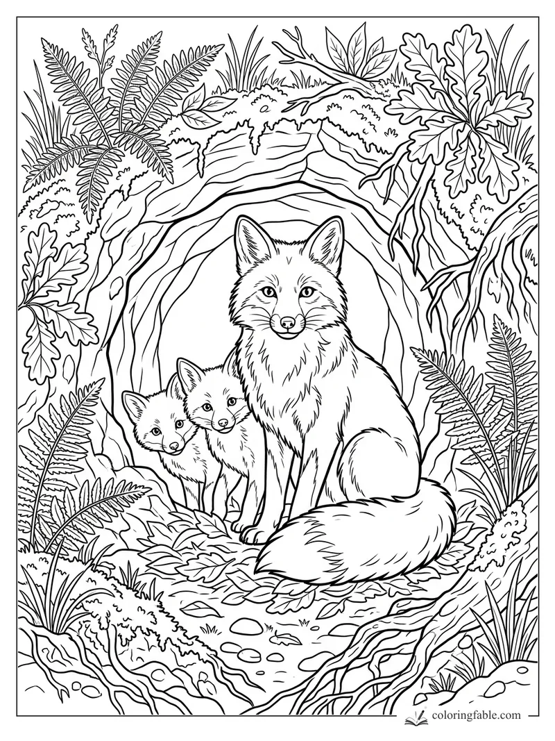 Mother fox with two kits sitting in a hollow den framed by ferns, oak leaves, roots, moss, and stones.