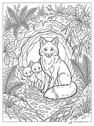 Mother fox with two kits sitting in a hollow den framed by ferns, oak leaves, roots, moss, and stones.