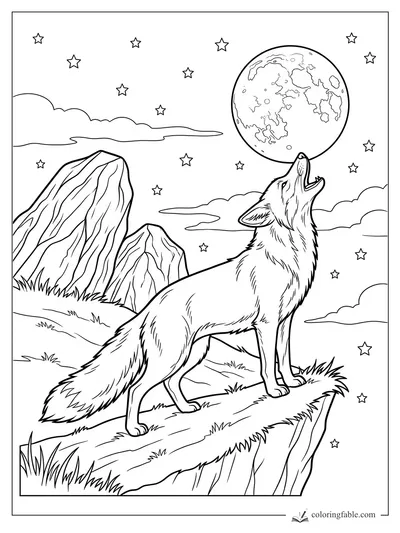 Howling fox on a grassy cliff under a full moon, stars, clouds, and jagged mountain peaks