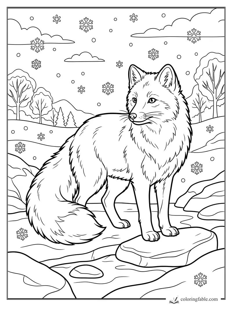 Fox standing on a flat stone over a winter stream as snowflakes fall among hills and bare trees
