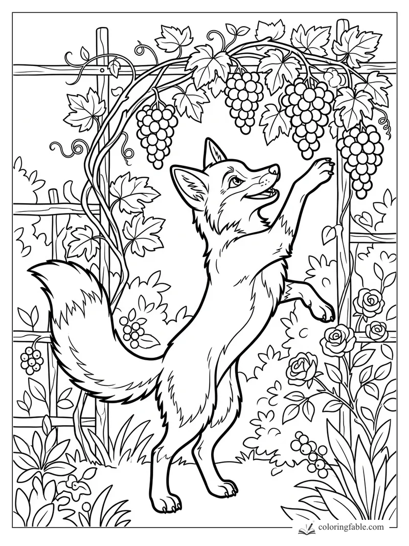 Fox standing on hind legs reaching for grapes beneath a leafy garden arbor with roses.