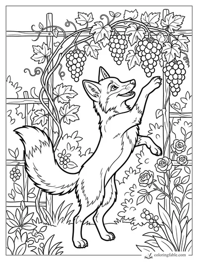 Fox standing on hind legs reaching for grapes beneath a leafy garden arbor with roses.