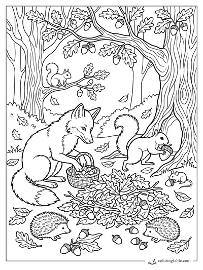Fox with a basket of acorns, squirrels, hedgehogs, and a mouse under oak trees in an October forest
