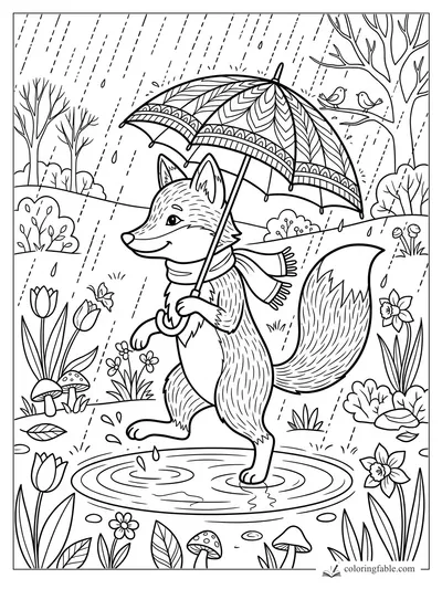 Smiling fox with patterned umbrella splashing in a rainy garden with flowers, mushrooms, birds, and puddles.