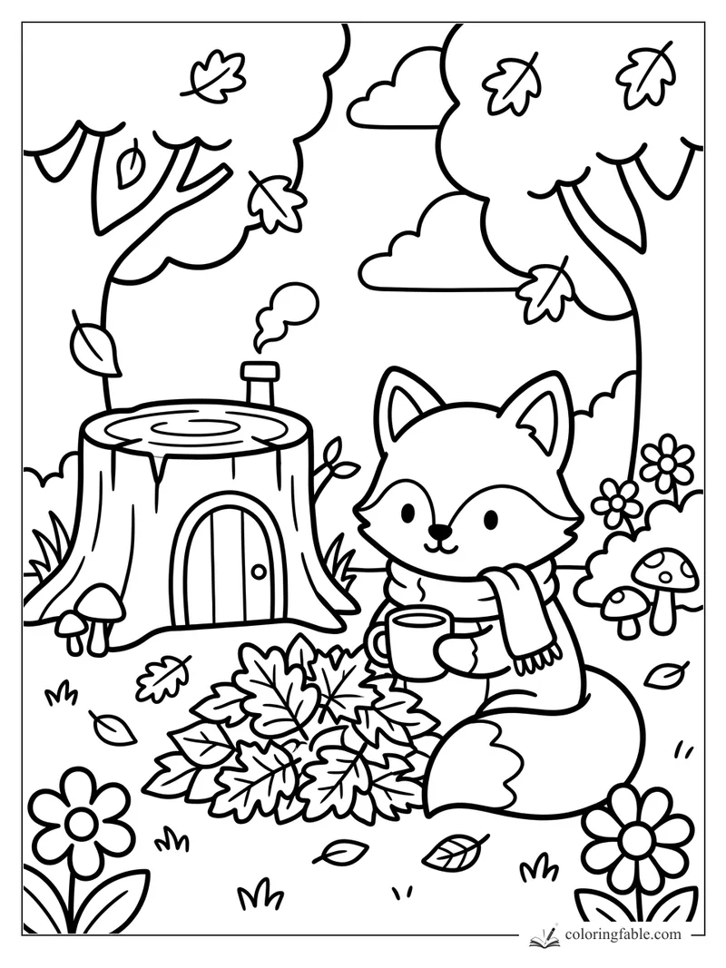 Cozy fox holding a mug beside a tree-stump cottage, autumn leaves, mushrooms, flowers, and falling leaves.