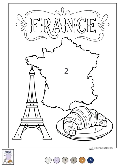 France Map with Eiffel Tower and Croissant — color by number