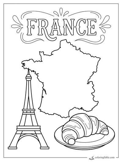 France coloring page with map outline, Eiffel Tower, croissant on a plate, and decorative FRANCE lettering.