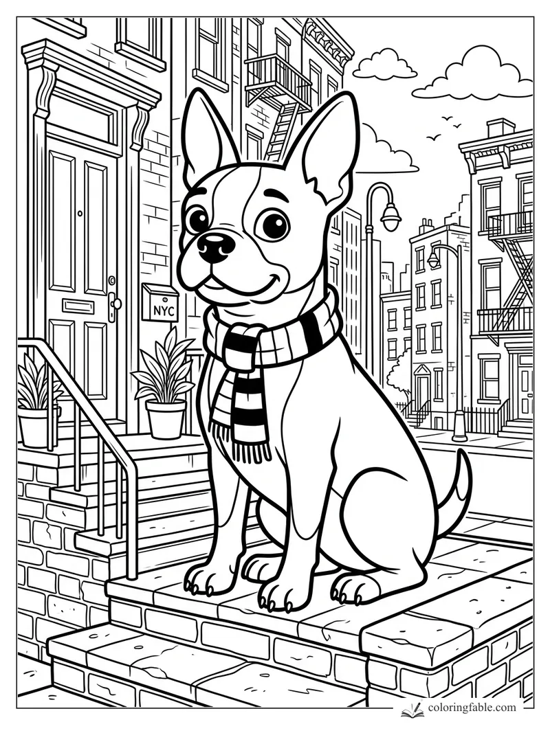 Cartoon French bulldog in a striped scarf sitting on NYC stoop with brownstones and fire escapes