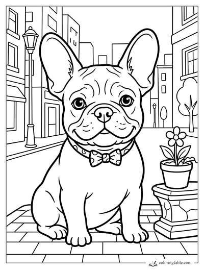 Cartoon French bulldog puppy with big ears and bow tie on a city sidewalk beside a potted flower.