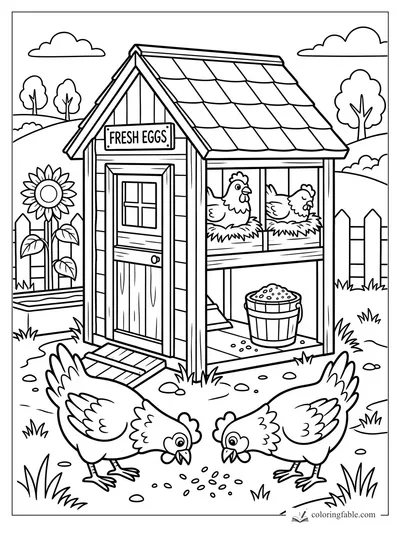 Cartoon farm chicken coop with fresh eggs sign, nesting hens, sunflower, fence, and hens pecking grain