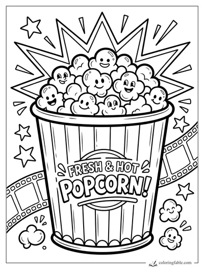 Vintage popcorn tub with smiling kernels, starbursts, movie film strips, and Fresh & Hot Popcorn label.