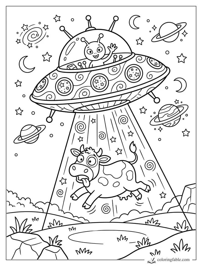 Cartoon alien in a patterned UFO lifting a wide-eyed cow with a starry beam