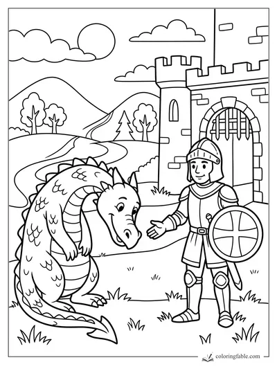 Cartoon dragon bowing to a smiling knight by a castle gate, with hills, trees, clouds, and sun behind them.