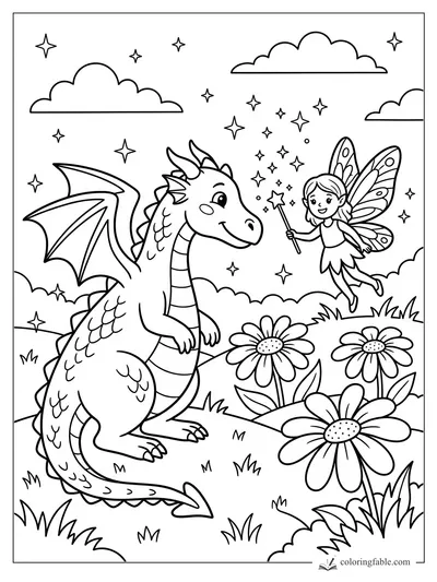Smiling dragon beside a fairy with a star wand, daisies, clouds, and twinkling stars