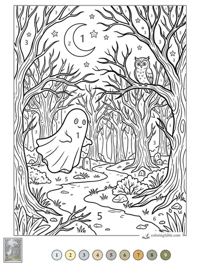 Friendly Ghost on a Moonlit Forest Path — color by number