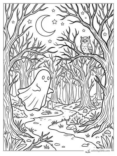 Smiling ghost floating on a winding forest path under a crescent moon, stars, bare trees, and a perched owl.
