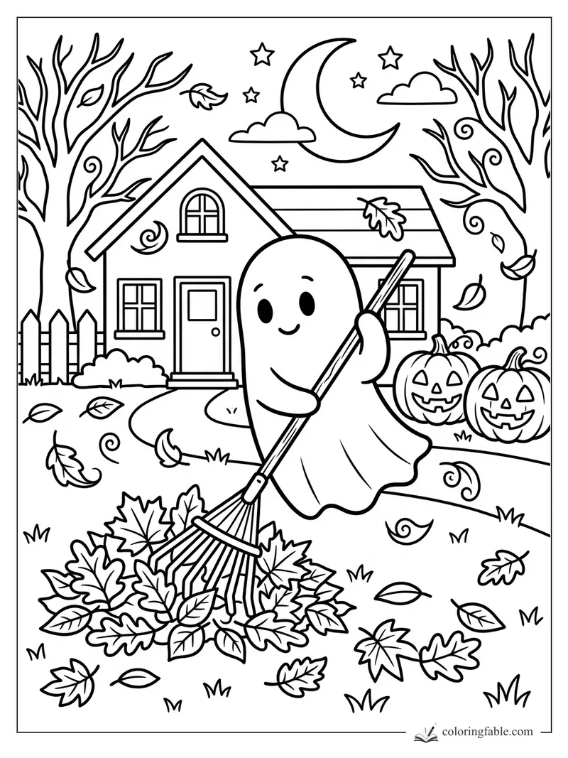 Cute ghost raking fall leaves outside a house with pumpkins, bare trees, crescent moon, stars, and blowing leaves.