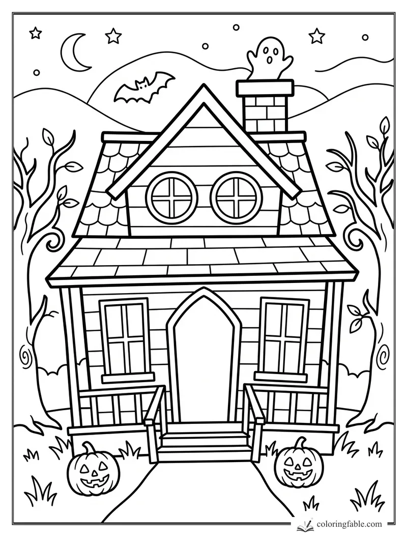 Easy haunted house coloring page with chimney ghost, bat, pumpkins, moon, stars, and twisty trees.