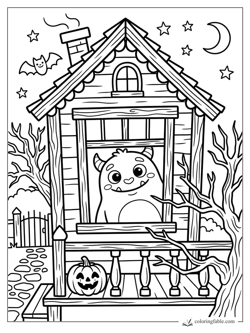 Easy haunted house coloring page with a smiling monster, pumpkin, bat, moon, stars, bare trees, and porch.