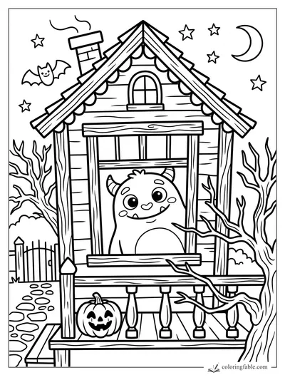 Easy haunted house coloring page with a smiling monster, pumpkin, bat, moon, stars, bare trees, and porch.