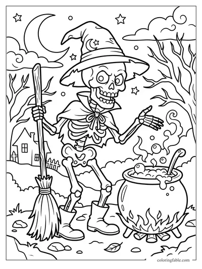 Cartoon skeleton witch with broom, cauldron, crescent moon, stars, bare trees, and haunted house.