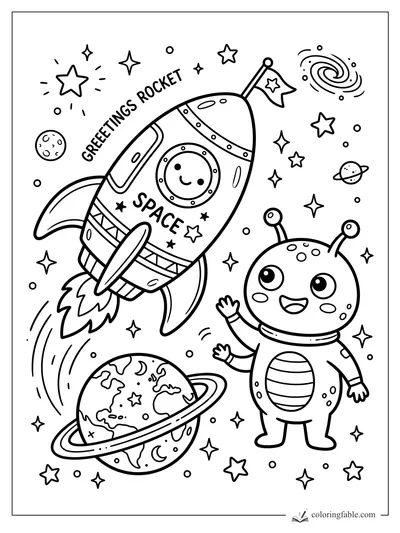 Kawaii rocket labeled Space flying past a waving alien, stars, planets, and galaxy swirls