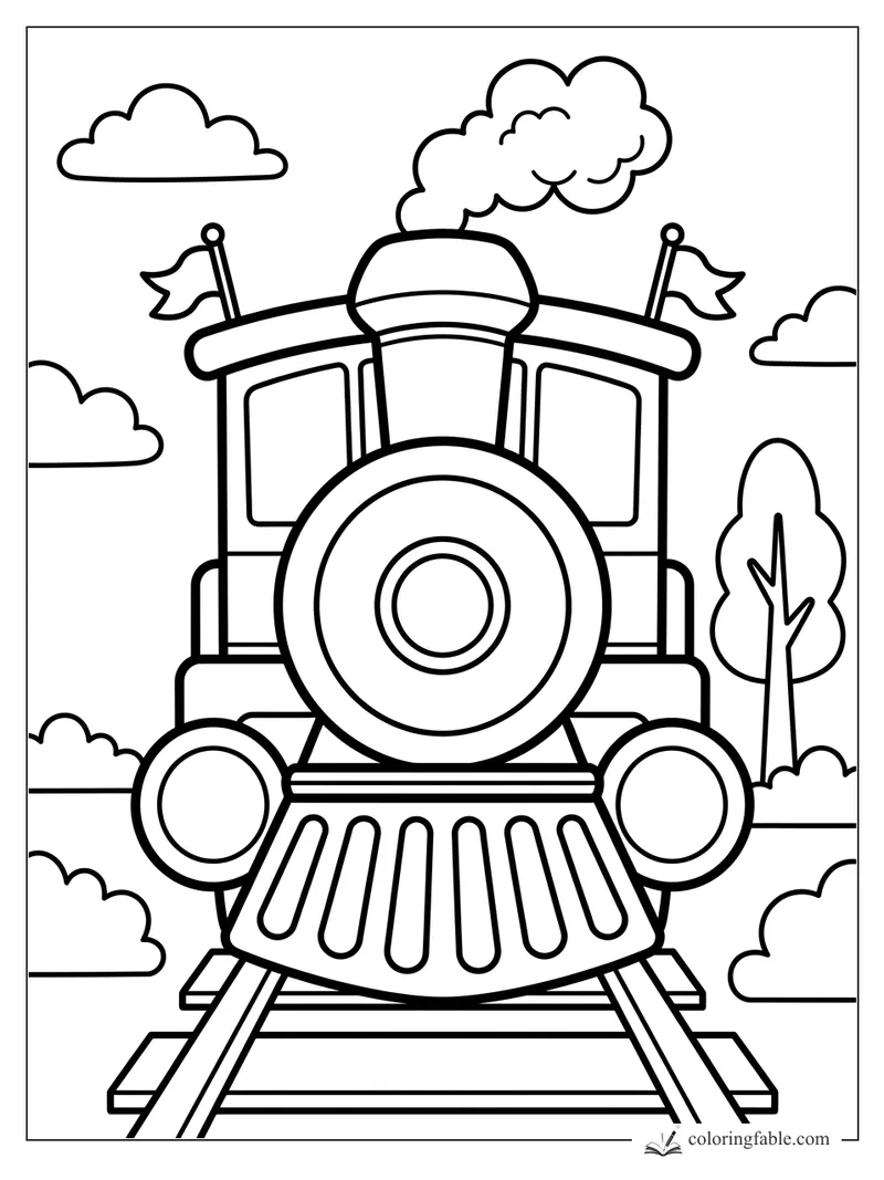 Bold easy steam train coloring page with smoke, flags, clouds, tracks, and a tree.