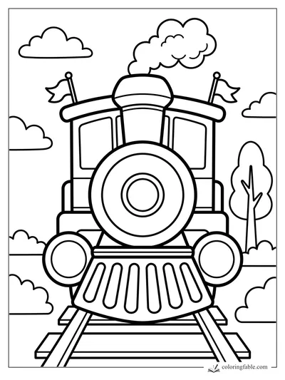 Bold easy steam train coloring page with smoke, flags, clouds, tracks, and a tree.