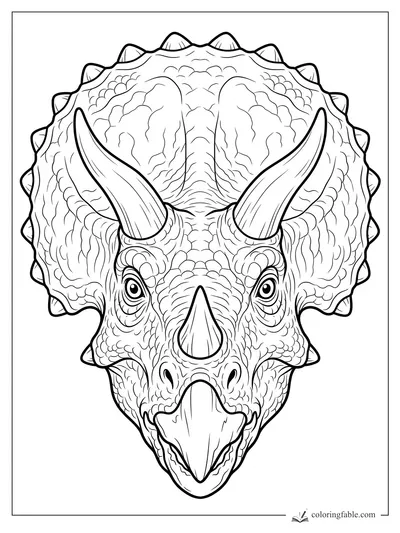 Realistic triceratops head with three horns, alert eyes, and a spiked frill coloring page