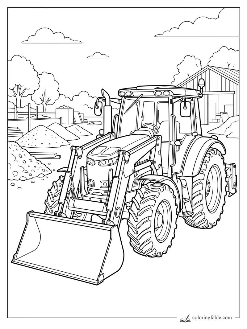 Realistic front loader tractor with large treaded tires, barn, trees, clouds, and soil piles in a farmyard.