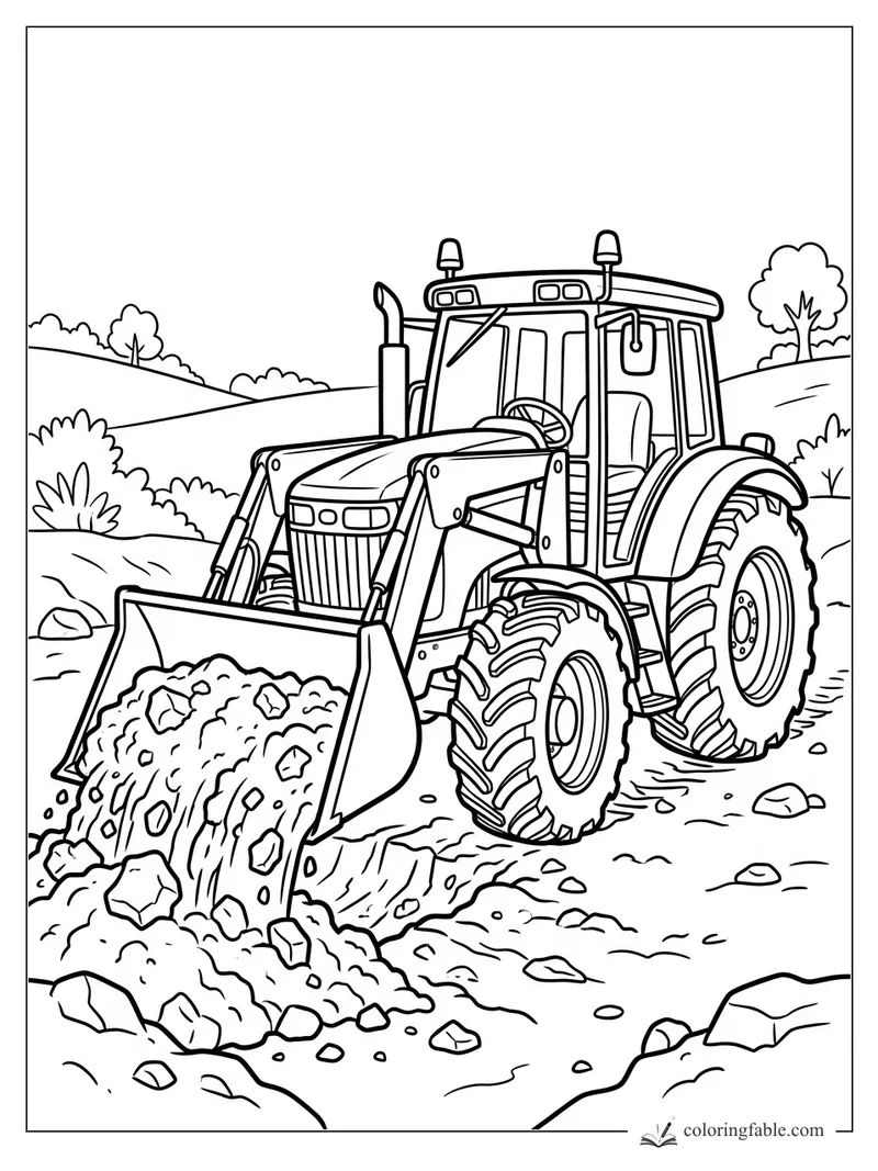 Cartoon front loader tractor dumping rocky soil on a country hillside