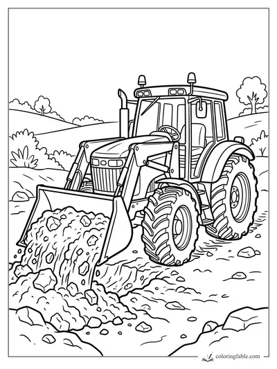 Cartoon front loader tractor dumping rocky soil on a country hillside