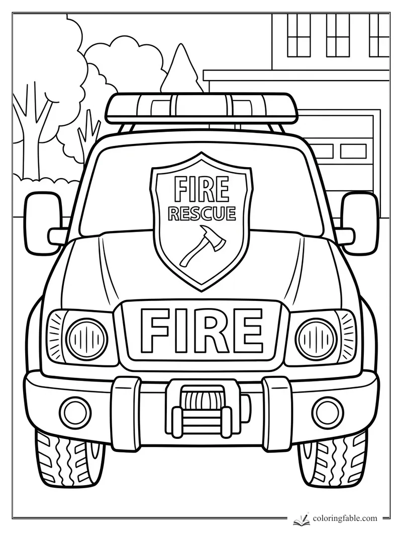 Easy coloring page of a fire rescue SUV with roof light bar, shield badge, winch, station, and trees.