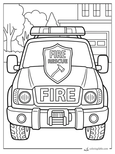 Easy coloring page of a fire rescue SUV with roof light bar, shield badge, winch, station, and trees.