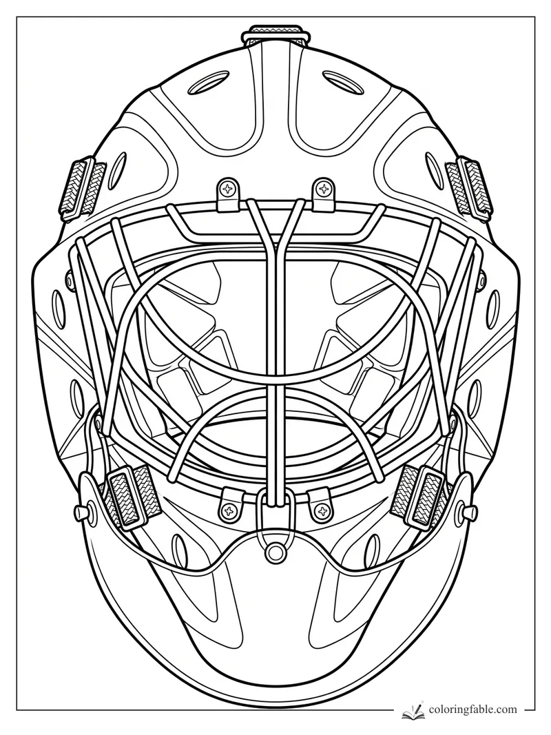 Realistic front-view hockey goalie mask with cage bars, vents, screws, and side straps to color