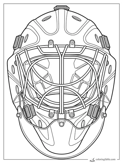 Realistic front-view hockey goalie mask with cage bars, vents, screws, and side straps to color