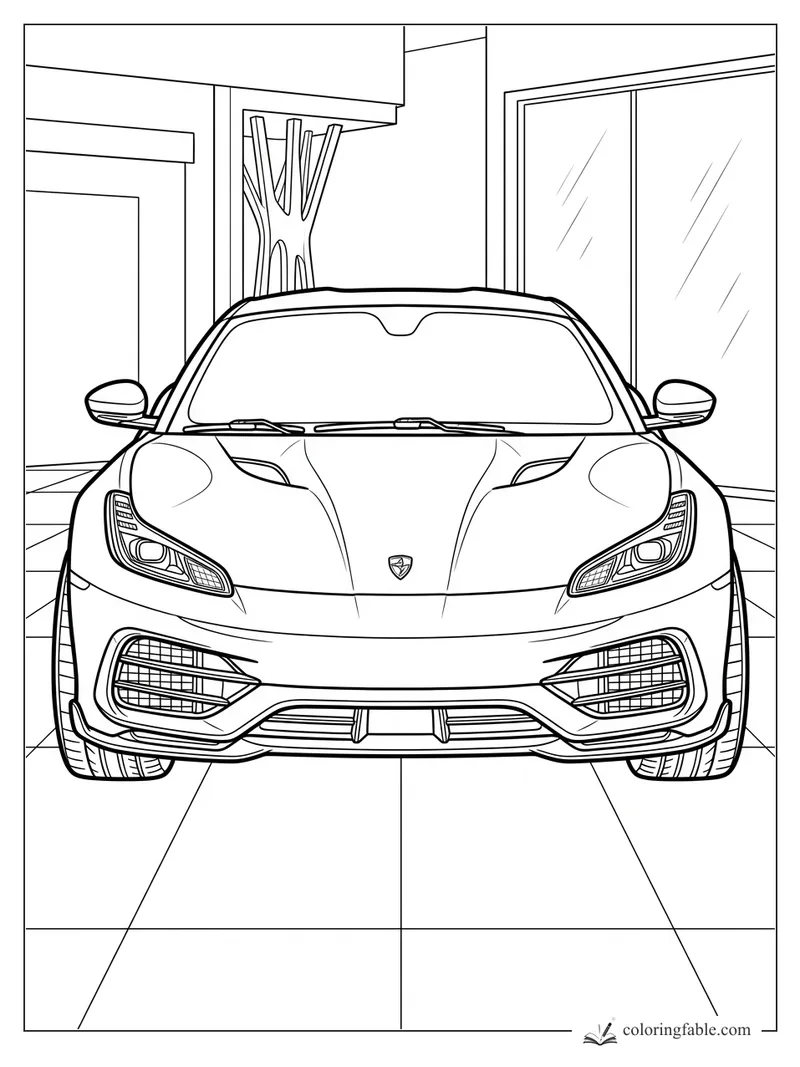 Realistic front-view sports car parked in a modern showroom with tiled floor and tall windows