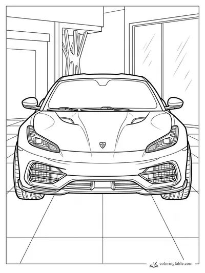 Realistic front-view sports car parked in a modern showroom with tiled floor and tall windows