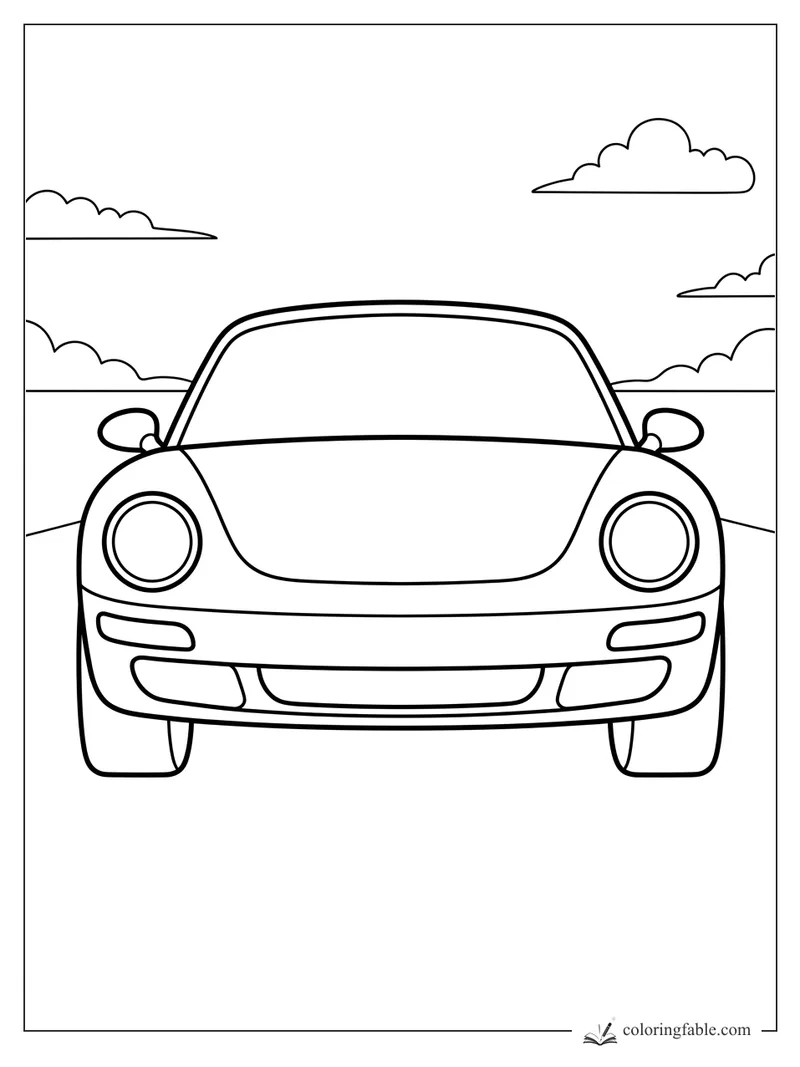 Minimalist front-view sports car with round headlights, side mirrors, road lines, and puffy clouds