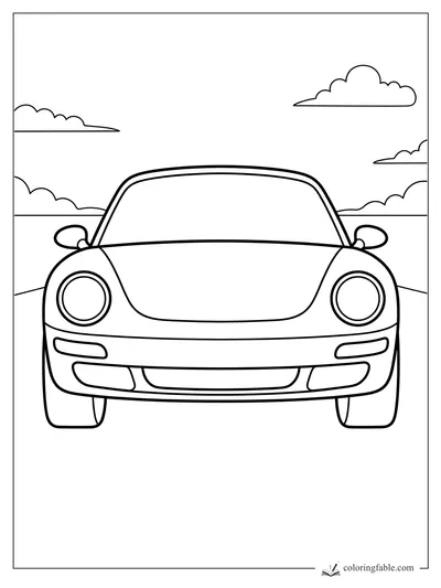 Minimalist front-view sports car with round headlights, side mirrors, road lines, and puffy clouds