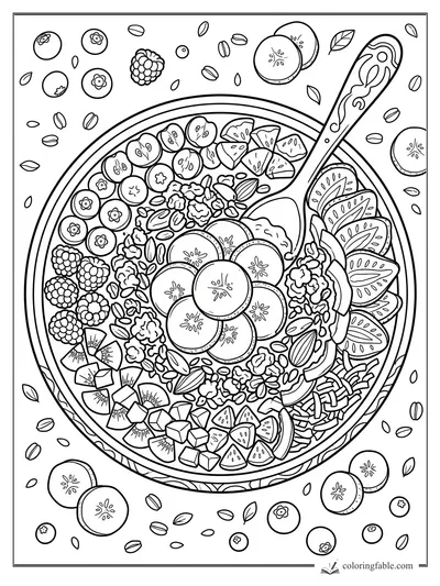 Detailed fruit and granola bowl coloring page with berries, banana slices, seeds, and a patterned spoon